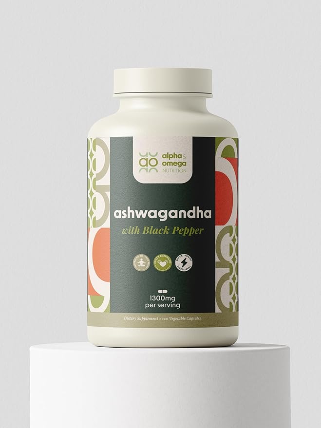 Alpha &amp Omega Nutrition Ashwagandha 650mg with Black Pepper Extract 120 Veggie Caps for Stress Relief Natural Mood Support Energy &amp Focus GMO Free 2 Month Supply