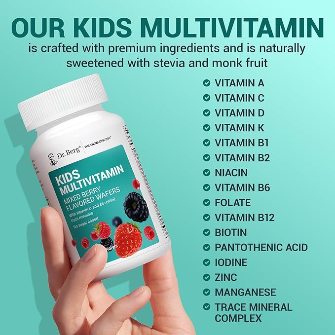 Dr. Berg Kids Chewable Multivitamins (NOT Sweetened w/Sugar) - Daily Multivitamin for Kids that Includes 20 Nutrients &amp Trace Mineral Complex - Mixed Berry Chewable Vitamins for Kid - Red Wafers