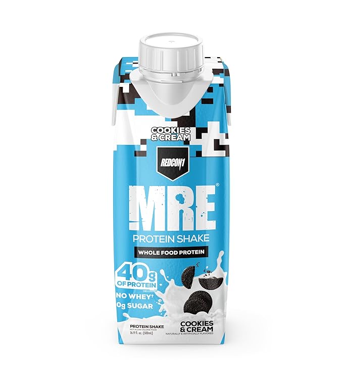 REDCON1 MRE Ready to Drink Protein Shakes Cookies &amp Cream - Lactose + Whey Free RTD Protein Made with Real Whole Food Protein Blends - Keto-Friendly and Easy to Digest Nutritional Shake (12 Pack)