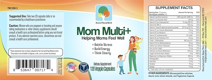 Raise Them Well Mom Multi+ Daily Multivitamin for Women with Active Folate Adaptogens &amp Bacopa Energy Stress &amp Cognitive Support 120 Veggie Capsules
