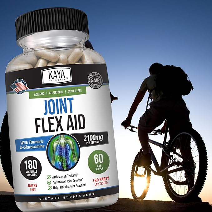 Kaya Naturals Flex Aid - Mobility Support Supplement for Men and Women - Turmeric Capsules with Glucosamine Sulfate Boswellia Serrata and MSM - for Knee Support and Mobility Health - 180 Count