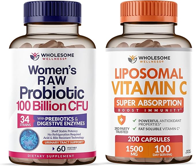 Wholesome Wellness Probiotics for Women 100 Billion CFUs with Prebiotics Digestive Enzymes + Liposomal Vitamin C Capsules High Absorption Ascorbic Acid Supplement Bundle