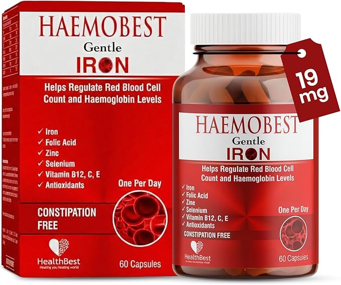 HealthBest High Potency Gentle Iron Capsules 19mg |Slow Release Iron for Faster Absorption Non-Constipating| Vitamin C B12 Folate Zinc &amp Selenium for Anemia Hemoglobin &amp Immune Support |60