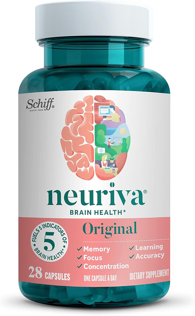 NEURIVA Original Decaffeinated Clinically Tested Nootropic Brain Supplement for Memory Focus &amp Concentration NeuroFactor &amp Phosphatidylserine 28ct Capsules