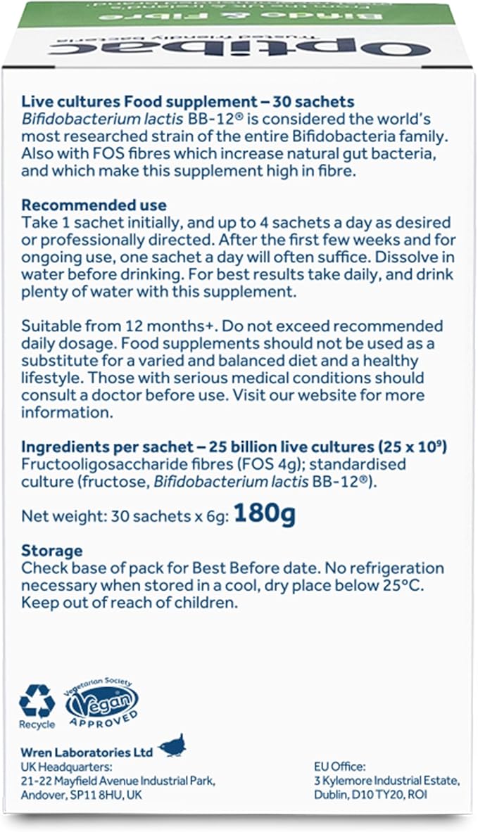 Optibac Probiotics Powder with Bifidobacteria &amp Fibre - 30 Sachets | 25 Billion CFU + 4 g FOS Fibre | Vegan Probiotic &amp Prebiotic Blend | Shelf Stable &amp Gluten Free | for Everyday Digestiv