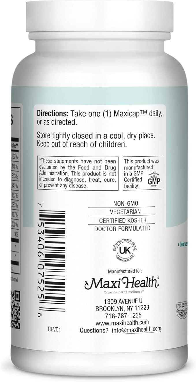 Maxi Health Stress Relief Vitamin B Complex for Women and Men Vitamin B6 B12 Biotin Inositol Folate Vegan Gluten &amp Soy &amp Milk Free Kosher Unflavored 250 Count