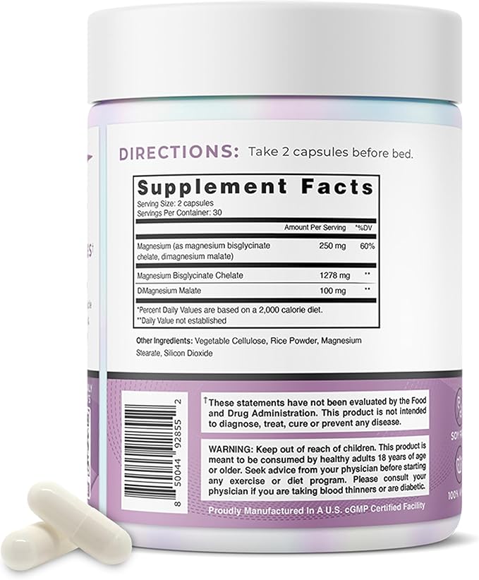 One Sol Magnesium 1378 mg Dual Source Magnesium Bisglycinate for Sleep Relaxation and Full Body Recovery High Absorption Vegan Non-GMO Gluten &amp Soy-Free Made in USA 60 Capsules