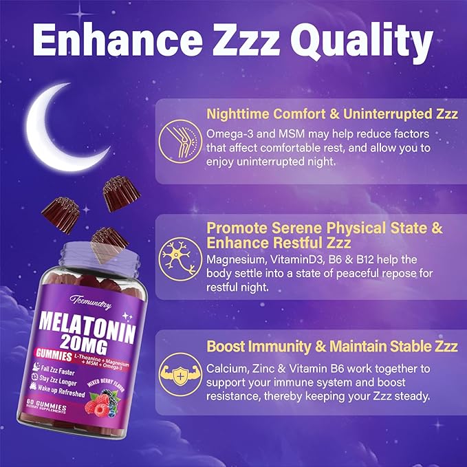 Melatonin Gummies 20mg for Adults - Maximum Strength Melatonin Gummies with L-Theanine Magnesium Omega-3 MSM D3 &amp Zinc - Non-Habit Forming Vegan Non GMO Natural Mixed Berry Flavor