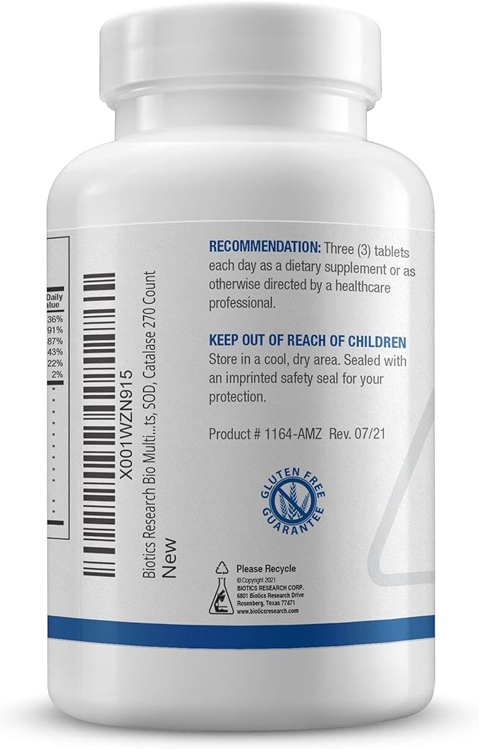 Biotics Research Bio Multi Plus Iron and Copper Free Multivitamin Chelated Minerals Emulsified Fat Soluble Vitamins Iron Free Copper Free High antioxidants SOD Catalase 270 Count