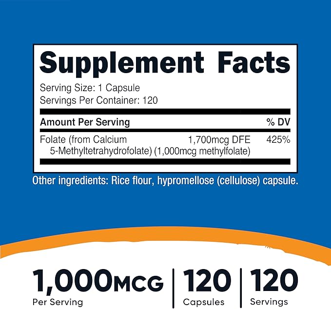Nutricost Methylfolate 1000mcg 120 Vegetarian Capsules - Gluten Free Non-GMO (Pack of 2)