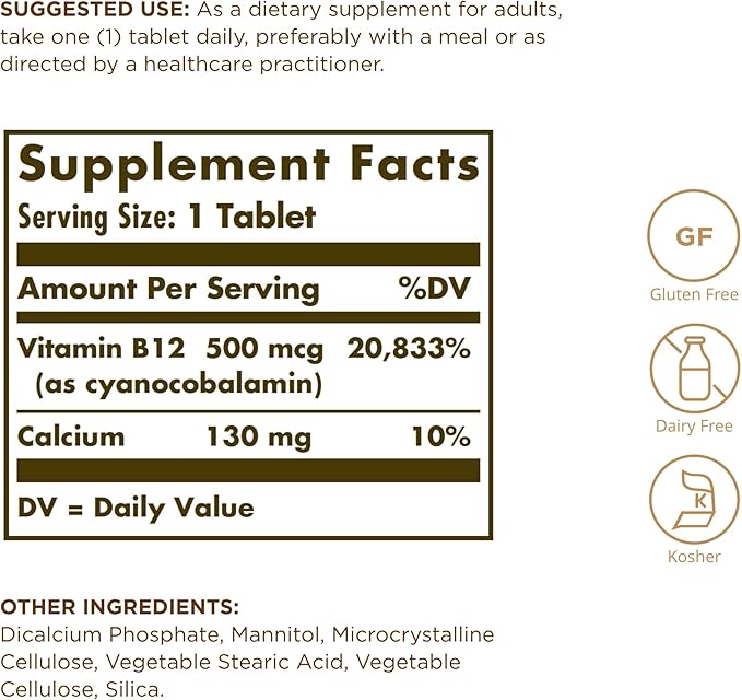 Solgar Vitamin B12 500 mcg - 100 Tablets - Vegan Gluten Free Dairy Free Kosher - 100 Servings (Pack of 2)