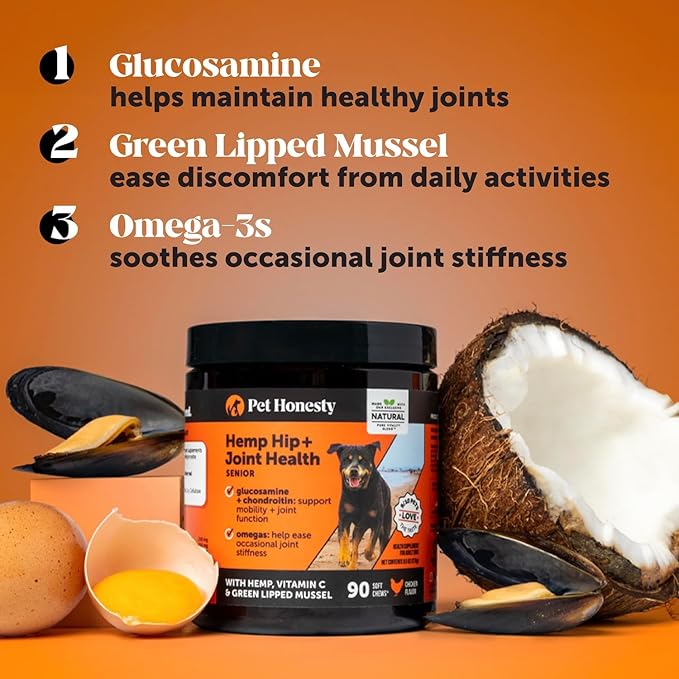 Senior Hemp Hip and Joint Supplement for Dogs - Glucosamine Chondroitin MSM &amp Green Lipped Mussel - Relief for Joint Stiffness Advanced Strength Mobility Support Senior Dogs (Peanut Butter 90 C