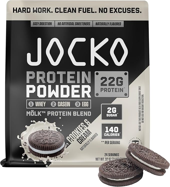 Jocko Fuel Whey Protein Powder Cookies &amp Cream 22g Protein Digestive Enzymes + Probiotic Blend No Sugar Added with Essential Amino Acids + Electrolyte Minerals 24 Servings