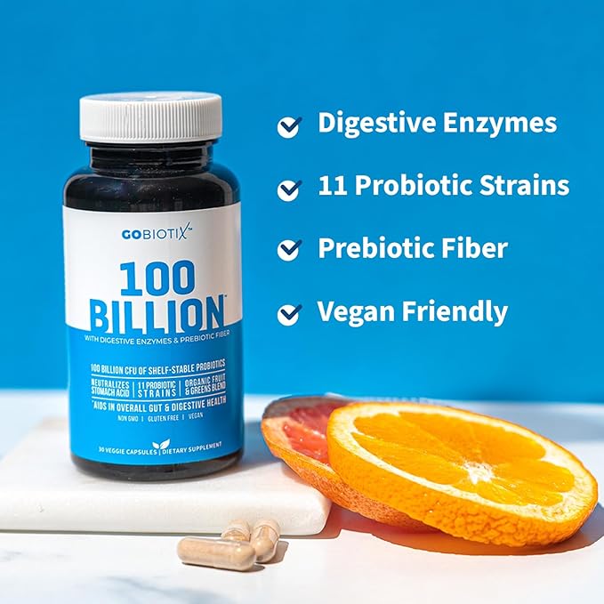 GOBIOTIX 100 Billion - Digestive Enzymes Supplement - Probiotics Multivitamin - Prebiotic Fiber Blend - 100 Billion CFU - Organic Fruit and Greens Blend - Vegan Non GMO - 30 Capsules
