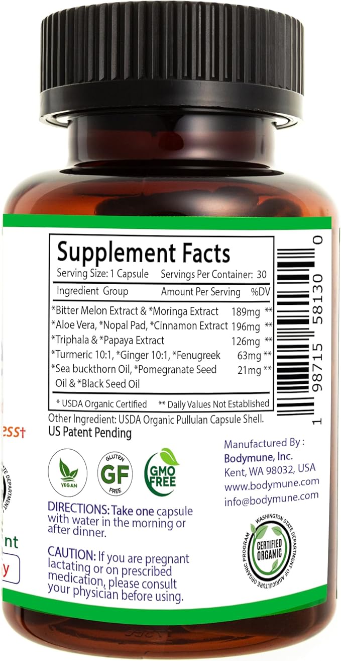USDA Organic Blood Sugar Blend | Supports Healthy Metabolism* | with Bitter Melon Moringa Aloe Vera Nopal Papaya Extracts &amp More | 30-Day Supply | Vegan &amp Non-GMO | USA-Made