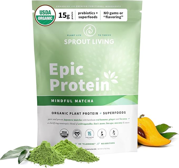 Sprout Living Epic Protein Plant Based Protein &amp Superfoods Powder Mindful Matcha | 17 Grams Organic Protein Powder Vegan Non-GMO Gluten Free Adaptogens + Nootropics (1 Pound 12 Servings)