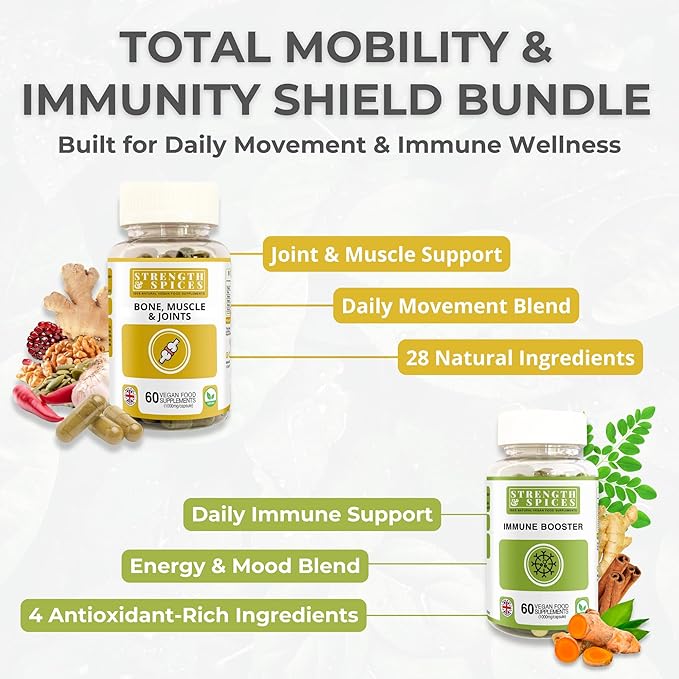Total Mobility &amp Immune Shield – Natural Support for Joints Muscles and Immune Health | Vegan UK Made Supplement Duo | Ginger Moringa Turmeric Maca | 2-Pack