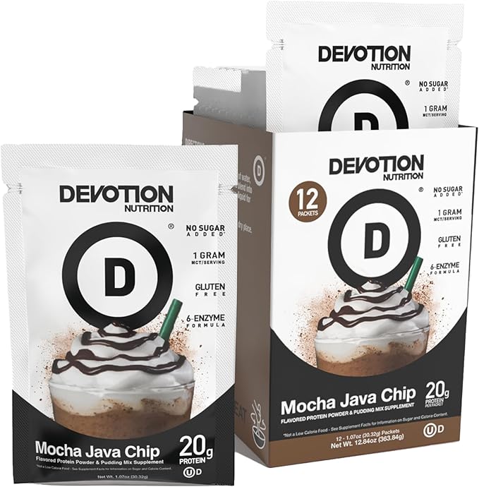 Devotion Nutrition Protein Powder Blend | Gluten Free Keto Friendly No Added Sugars | 1g MCT | 20g Whey &amp Micellar Protein | 12 Single Serving Packets (Mocha Java Chip)