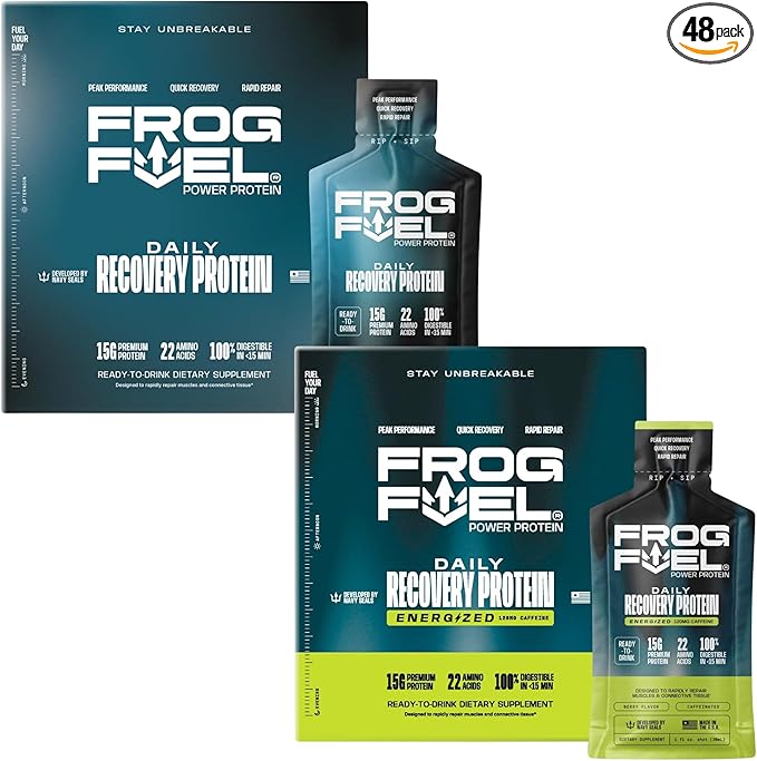 Frog Fuel Power Regular &amp Power Energized Complete Protein Shot Bundle 15g Protein Nano-Hydrolyzed Grass Fed Collagen Post Workout Fat &amp Sugar Free 22 Amino Acids Berry 1 oz Packets 48