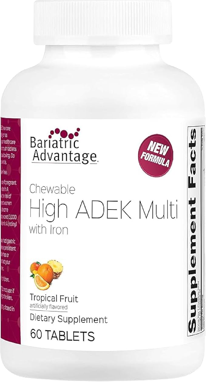 Bariatric Advantage Chewable High ADEK with Iron - for Bariatric Patients - High Potency Vitamin A D E &amp K - Includes B-Vitamins - Chewable Multivitamins - Tropical Fruit - 60 Count