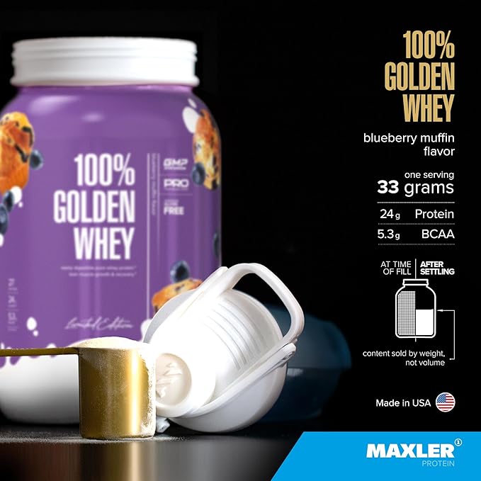 Maxler 100% Golden Whey Protein - 24g of Protein per Serving - Whey Protein Powder for Pre Post Workout - Fast-Absorbing Whey Concentrate Isolate &amp Hydrolysate Blend - Blueberry Muffin 5 lb
