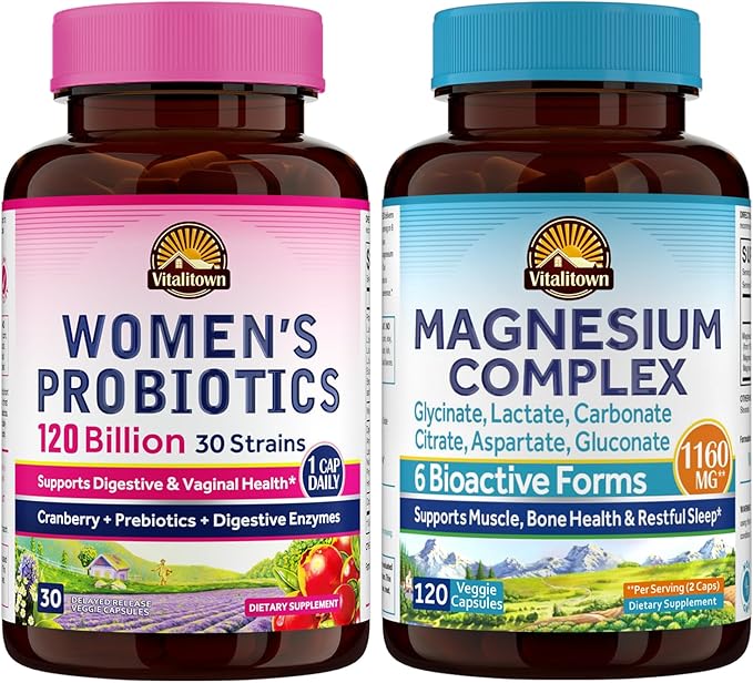 Vitalitown Probiotic + Magnesium Bundle (Pack of 2) | Women's Probiotics (Item 1) &amp Magnesium Complex (Item 2) | 30 Probiotic Capsules &amp 120 Magnesium Capsules
