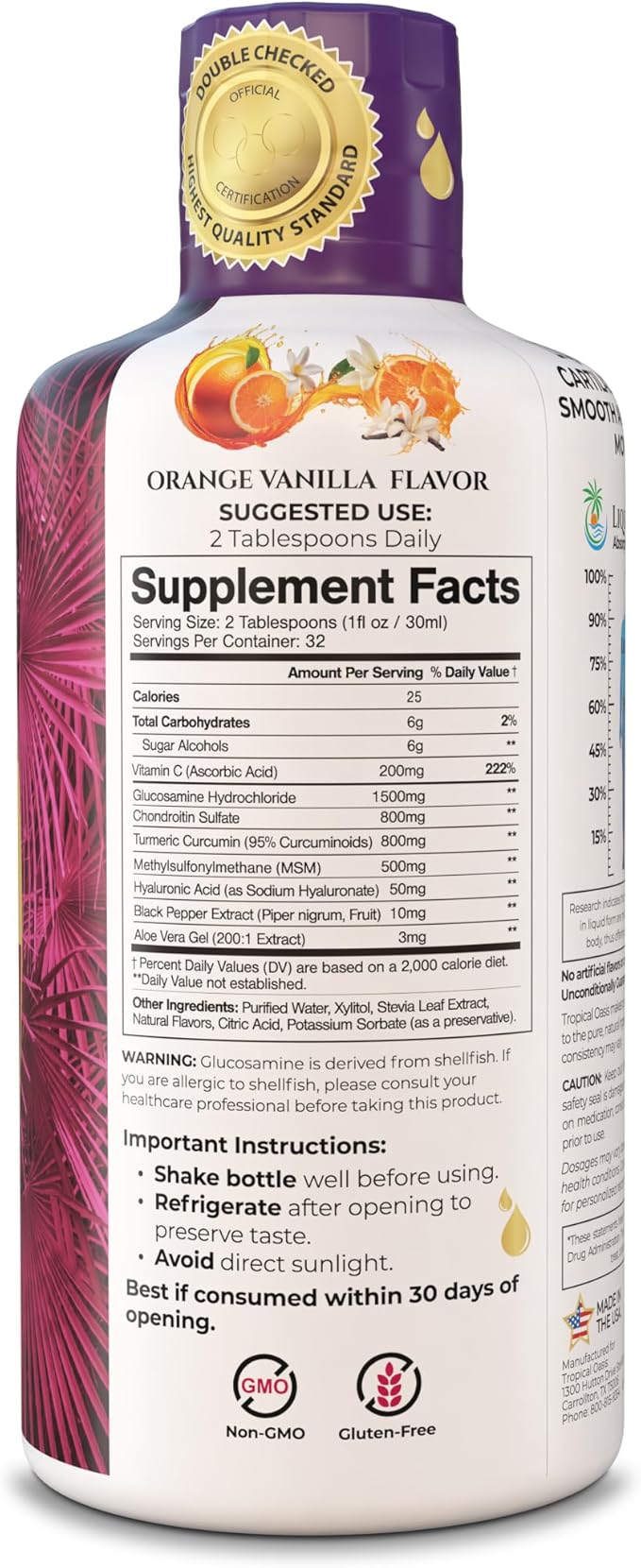 Joint Complete Premium Plus - Liquid Joint Supplement w/Glucosamine Chondroitin MSM Plus 800mg Turmeric – 98% Max Absorption – 32oz 32 serv