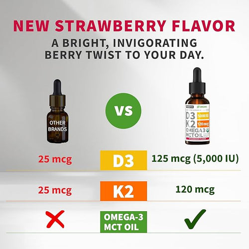 (4 Pack) Organic Vitamin D3 K2 Drops with MCT Oil Omega 3 5000 IU - Maximum Strength Vitamin D Liquid No Fillers Non-GMO Liquid D3 for Faster Absorption and Immune Support (Strawberry 4 Fl Oz)