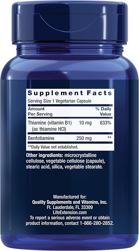 Life Extension Mega Benfotiamine 250 mg a fat-soluble form of thiamine healthy metabolism ultra-bioavailable vitamin B1 high potency gluten-free non-GMO vegetarian 120 capsules