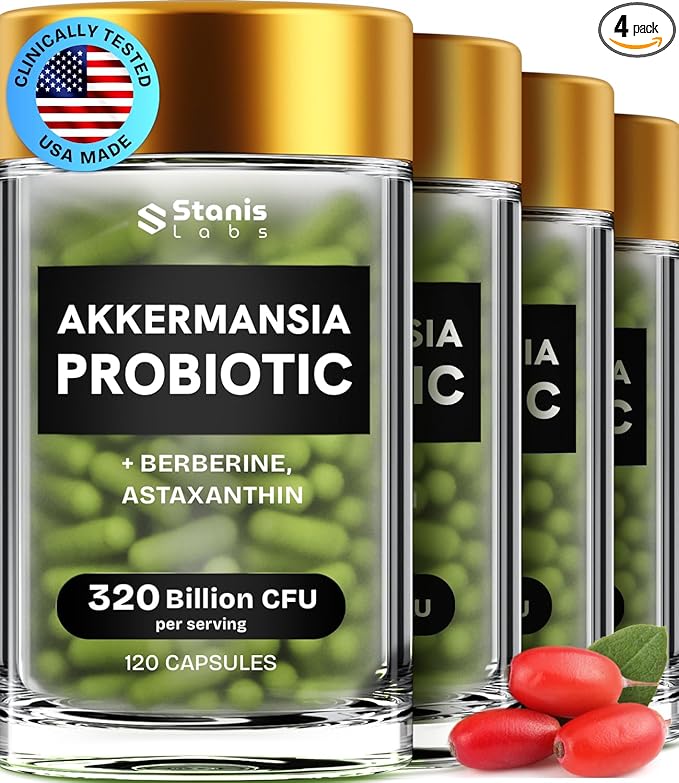 Akkermansia Muciniphila Probiotics 320 Billion CFU| Probiotic and Prebiotic | Akkermansia Probiotics for gut health | Inulin Prebiotic Fiber Capsules Astaxanthin &amp Berberine &amp Chromium 480 cap