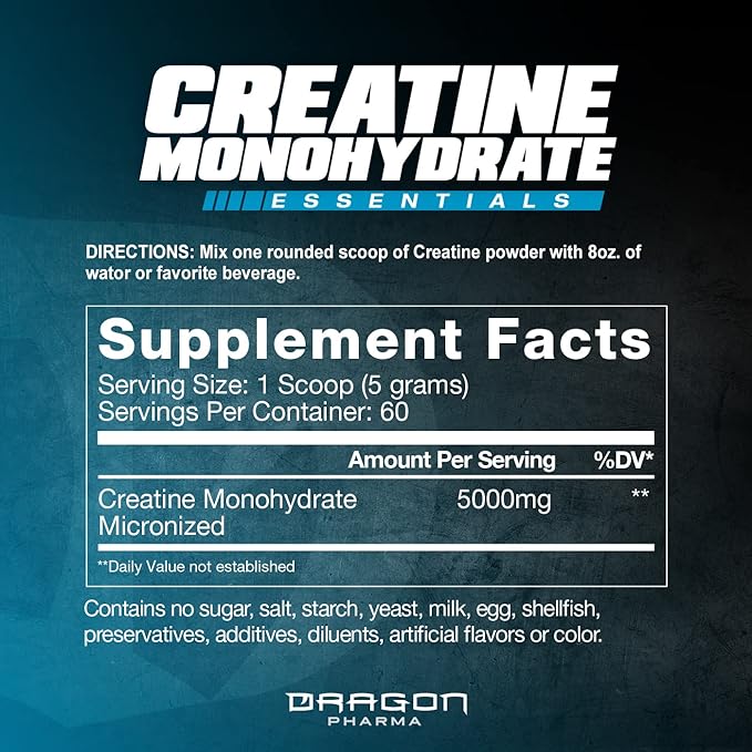 DRAGON PHARMA Creatine Monohydrate Aid Muscle Recovery Post-Workout Supplement Antioxidant Support (60 Servings Unflavored)