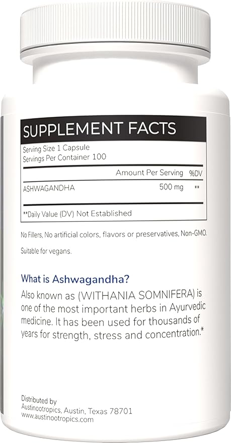Austinootropics Ashwaganda Root Extract 500mg – Daily Adaptogen Capsules for Stress Support Mood Balance Energy &amp Focus – 100 Vegan Capsules