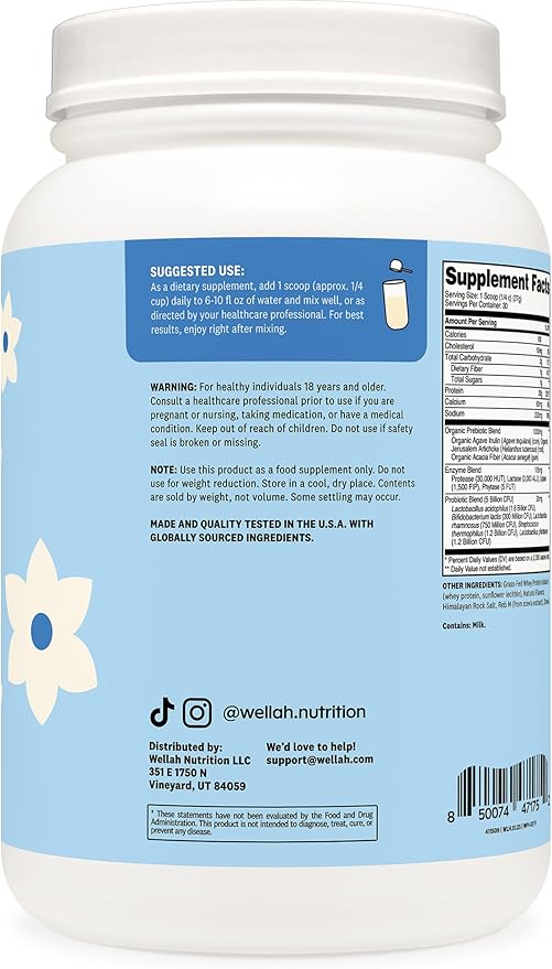 Wellah Grass-Fed Whey Protein Isolate Powder (Vanilla) 30 Servings - with Prebiotics Enzymes &amp Probiotics 20g of Protein 100 Calories Naturally Sweetened