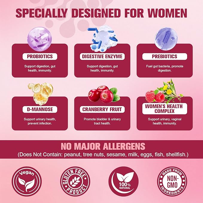 Totaria (2 Packs) Probiotics for Women 120 Billion Women Probiotic Digestive Enzymes &amp Prebiotics with Akkermansia Cranberry D-Mannose for Gut Urinary Immune PH Balance 240 Vegan Capules