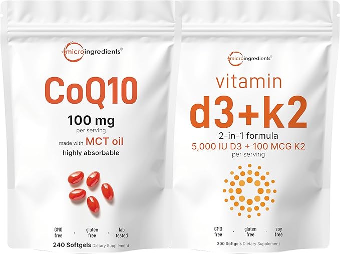 Micro Ingredients Vitamin D3 5000iu + K2 100mcg &amp CoQ10 100mg Softgels Bundle 2 Pack | Essential Sunshine Vitamins | High Absorption Ubiquinone with Coconut MCT Oil