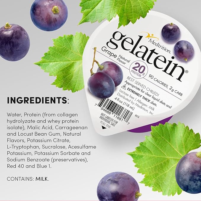 Medtrition Gelatein Grape - High Protein Sugar Free Gelatin with 20 grams of protein | Ideal for clear liquid diets swallowing difficulties bariatric dialysis and oncology (12 Pack)
