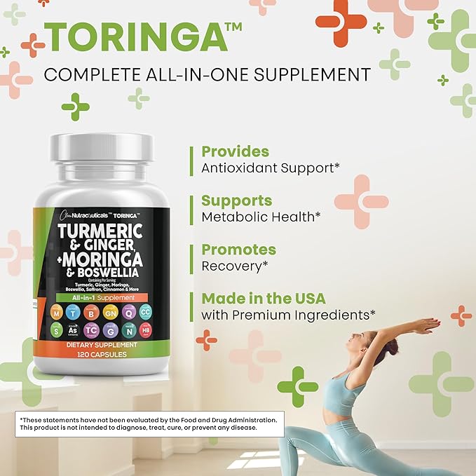 Turmeric Moringa Supplement | Ginger Boswellia Saffron - Supplement for Women and Men with Ceylon Cinnamon Tart Cherry Quercetin Garlic Nettle Holy Basil - 5Pack