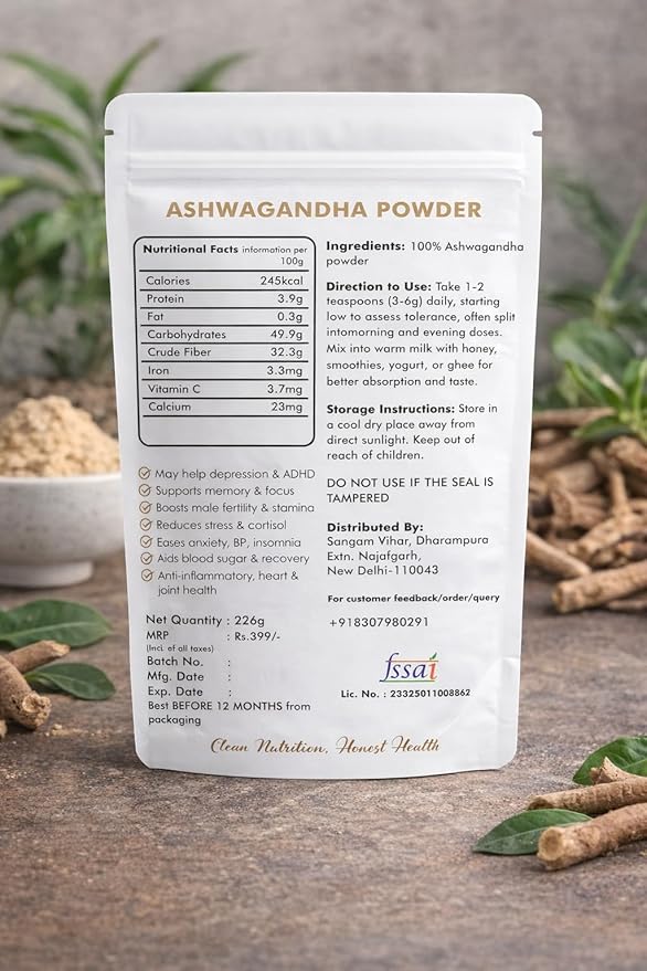 Natural Ashwagandha Powder - Ayurvedic Root Extract for Stress Relief Energy Boost Focus &amp Sleep Quality - Vegan Non-GMO Chemical-Free 226g