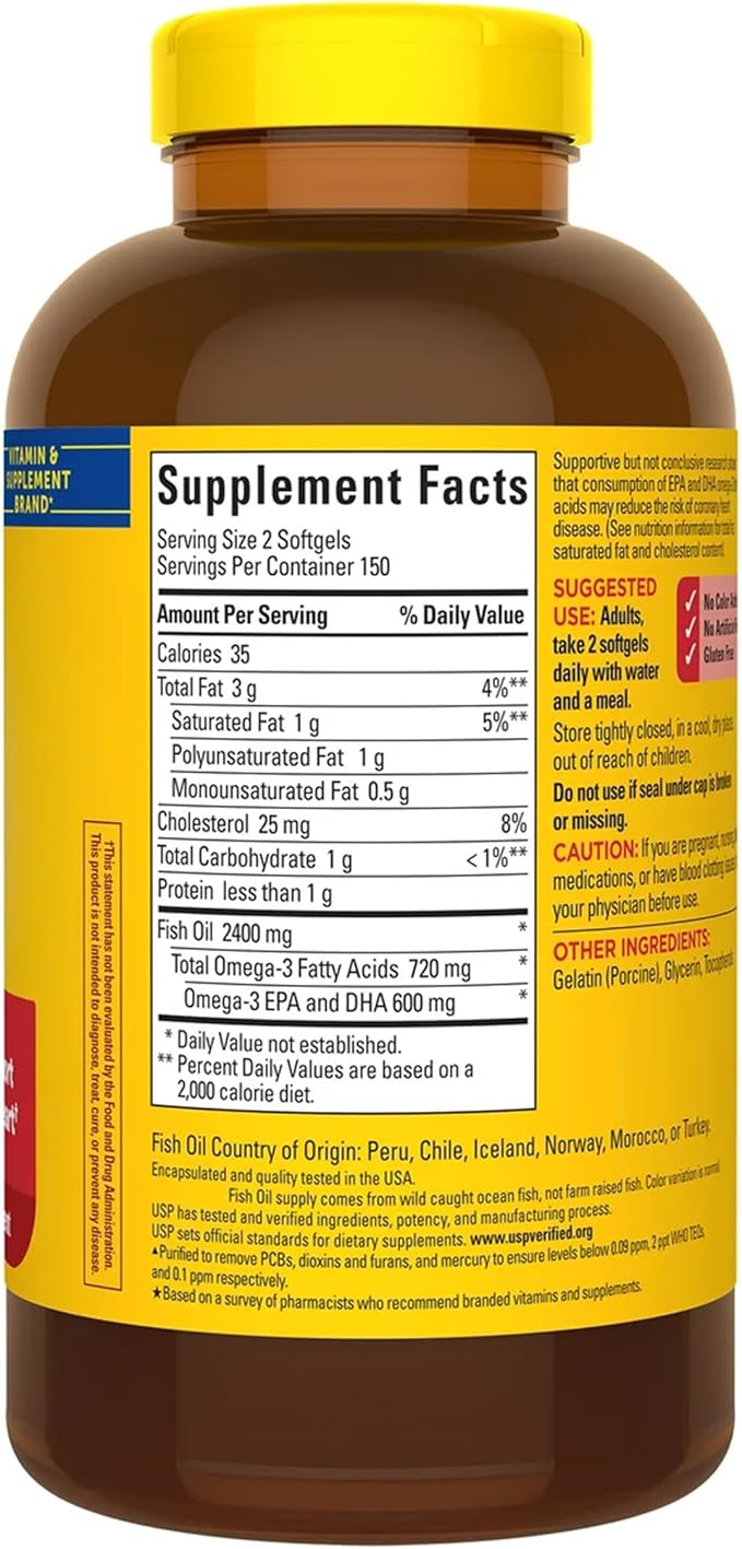 Fish Oil 1200mg Omega-3 300 Softgels Fish Oil for Healthy Heart Support 150 Day Supply