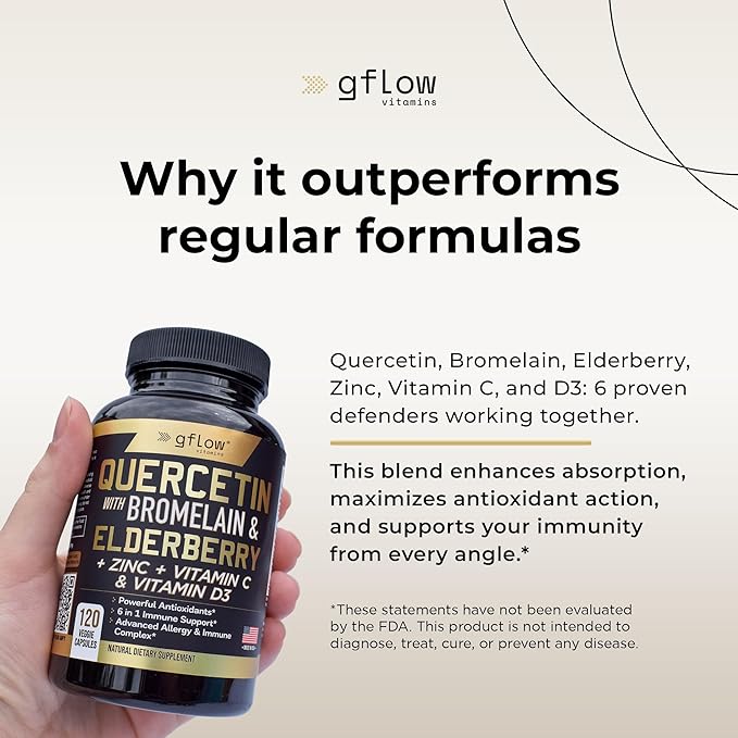 Quercetin with Bromelain Zinc Vitamin C Vitamin D Elderberry - 120 Veggie Capsules Non-GMO Gluten-Free | Immune Support Supplement | Made in USA | 4 Months Supply