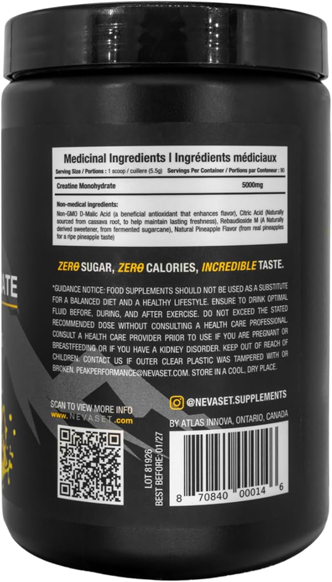 Micronized Creatine Monohydrate by NevaSet 3-Month of 5000mg Creatine Supplement for Muscle Growth Increased Strength Enhanced Energy Improved Performance Cognitive Health. Pineapple 495g