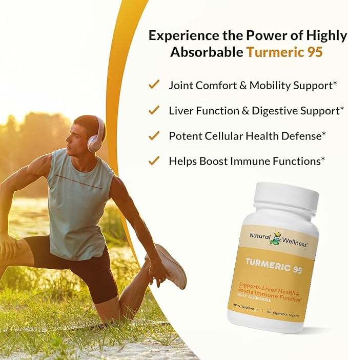 Natural Wellness Turmeric 95 with BioPerine® – 95% Curcuminoids – High Absorption Turmeric Supplement for Joint Health Immune Support &amp Liver Detox – Vegan Non-GMO 60 Capsules