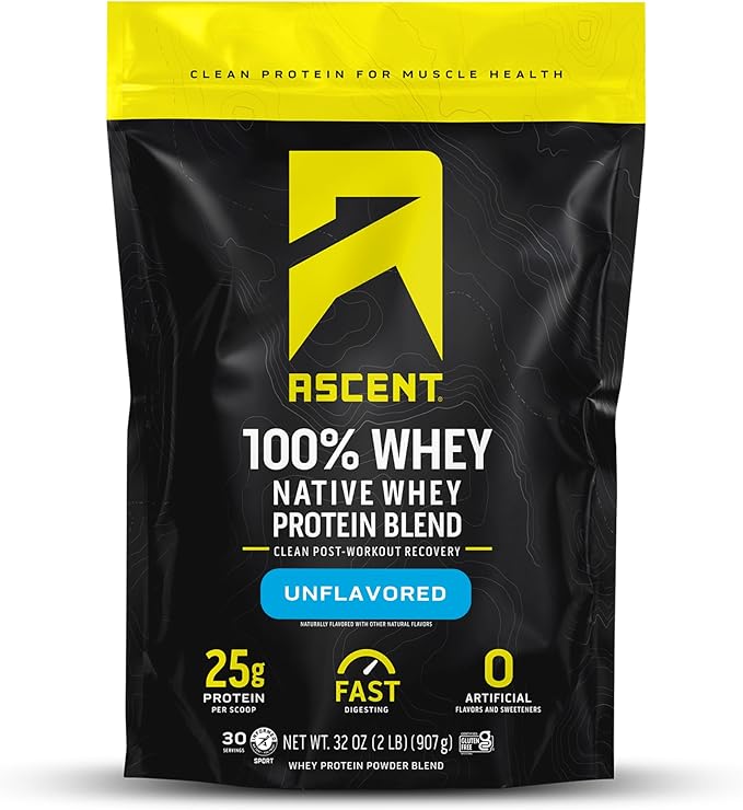 Ascent 100% Whey Protein Powder - Post Workout Whey Protein Isolate Zero Artificial Flavors &amp Sweeteners Gluten Free 5.5g BCAA 2.6g Leucine Unflavored 2 lb