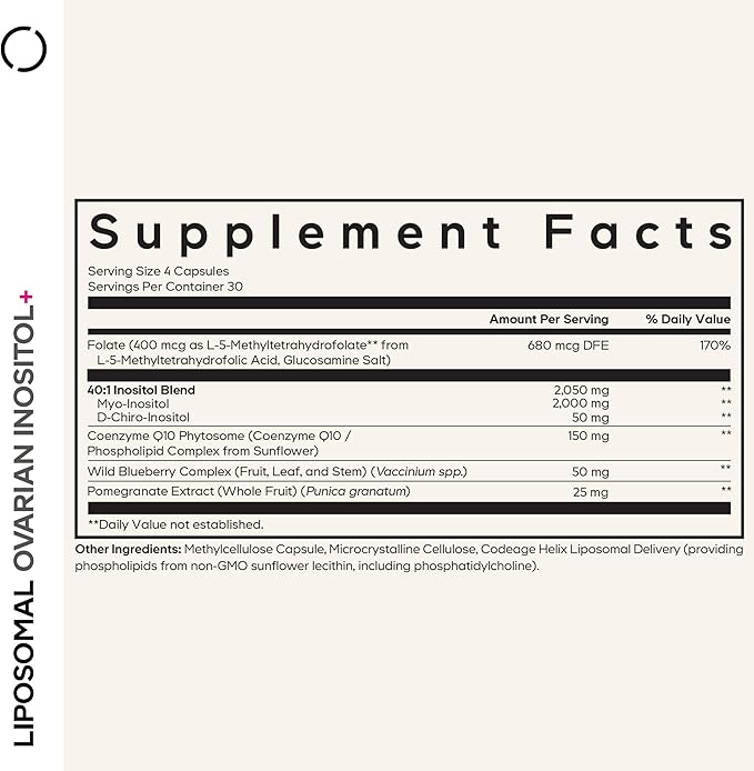 Codeage Liposomal Ovarian Inositol+ Supplement - Myo-Inositol &amp D-Chiro-Inositol 40:1 Blend Folate 5-MTHF CoQ10 Pomegranate &amp Wild Blueberry Liposomal Delivery Non-GMO Gluten-Free - 120