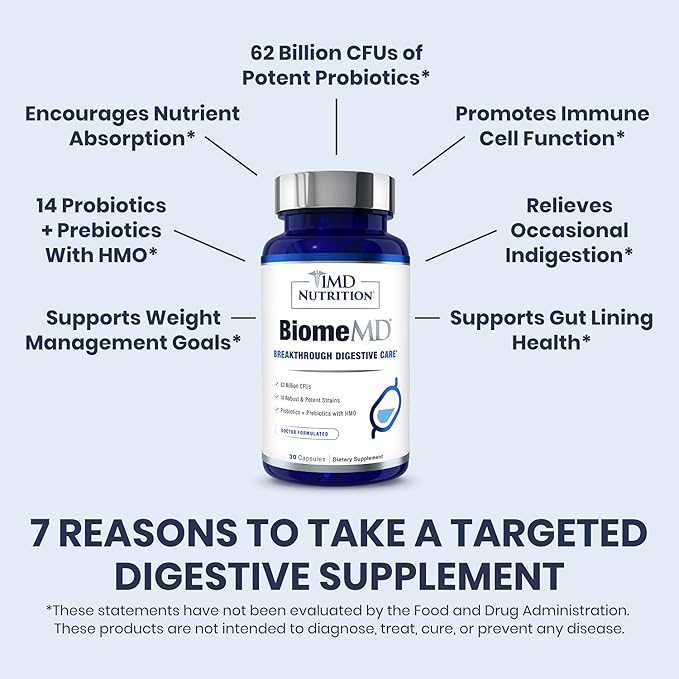 1MD Nutrition BiomeMD Probiotics | 62 Billion CFUs 15 Comprehensive Strains - Pro &amp Prebiotics | Doctor-Formulated for Digestive Health &amp Immune Support | 30 Capsules