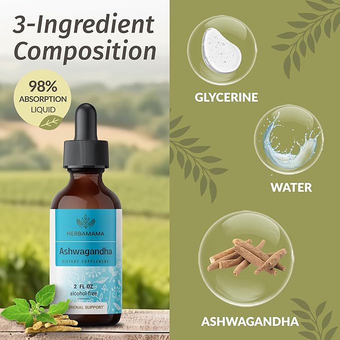 HERBAMAMA Herbal Liquid Drops Kit - Bundle of Motherwort Extract &amp Ashwagandha Tincture 2 fl oz - Vegan Non-GMO Sugar &amp Alcohol-Free - 2 Pack