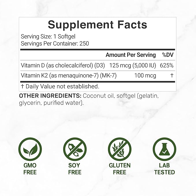 DEAL SUPPLEMENT Vitamin D3 5000 IU + K2 MK7 100mcg Softgels | 2-in-1 Complex with Virgin Coconut Oil | Supports Heart Bone Teeth &amp Immune Health | Easy to Swallow