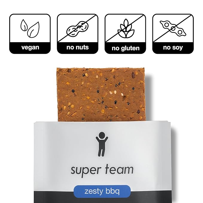 Super Team Savory + Crispy Protein Bars - Zesty BBQ - 12-Count Snack Bars - High Protein (18g) High Fiber (7g) Low Sugar (1g) - Gluten Free Nut Free Soy Free Vegan Plant Based Meal Replacement