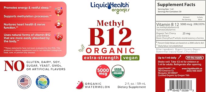 LIQUIDHEALTH Organic Methyl B12 5000mcg Vitamin Drops with Tart Cherry Juice &amp Sleep Well Melatonin Sleep Aid Drops - Boost Natural Energy Focus Concentration Promote Relaxation Improve Sleep