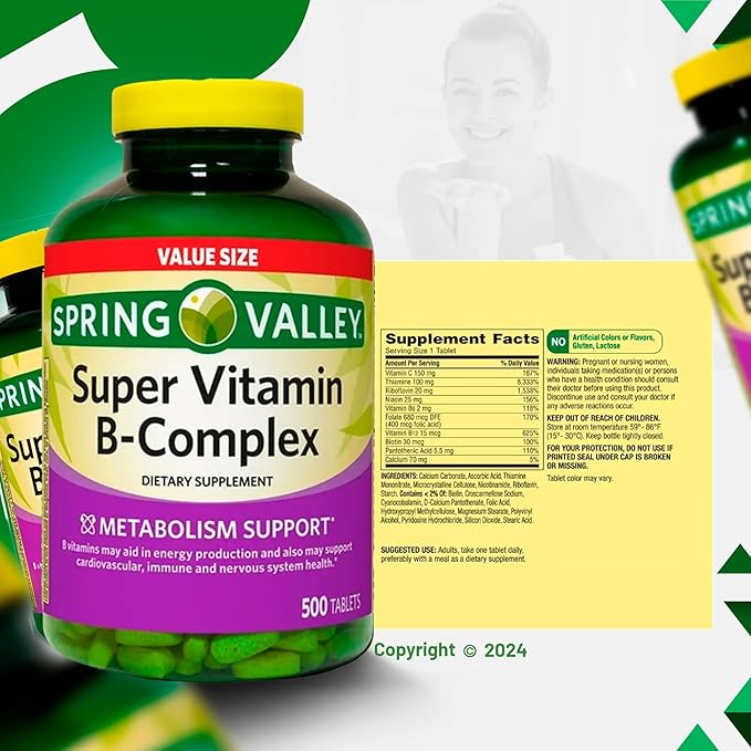 Super B-Complex Tablets 500 Count Dietary Supplement (2 Pack) with Exclusive Vitamins &amp Minerals A to Z - Better Ligth&ampSpring Guide (3 Items)